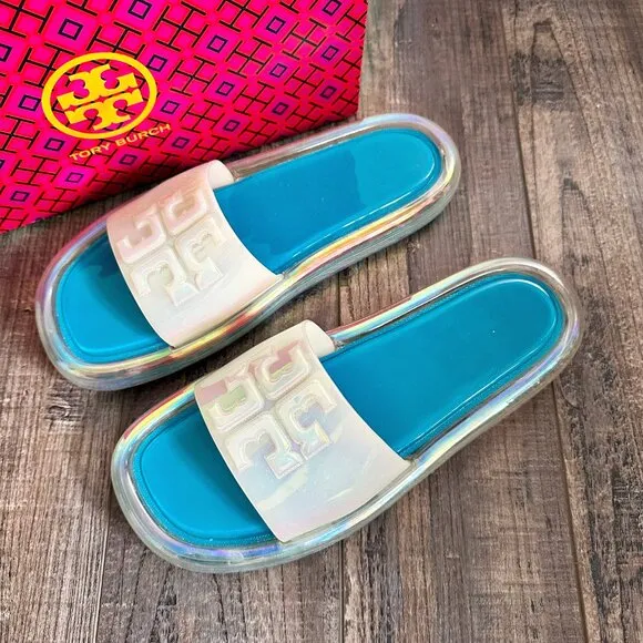 TORY BURCH Bubble Jelly Sandals Slides Size 9 Iridescent Tuscan Sea w/ Box