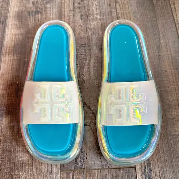 TORY BURCH Bubble Jelly Sandals Slides Size 9 Iridescent Tuscan Sea w/ Box