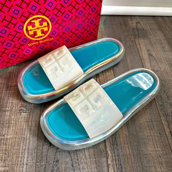 TORY BURCH Bubble Jelly Sandals Slides Size 9 Iridescent Tuscan Sea w/ Box