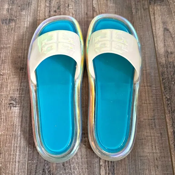 TORY BURCH Bubble Jelly Sandals Slides Size 9 Iridescent Tuscan Sea w/ Box