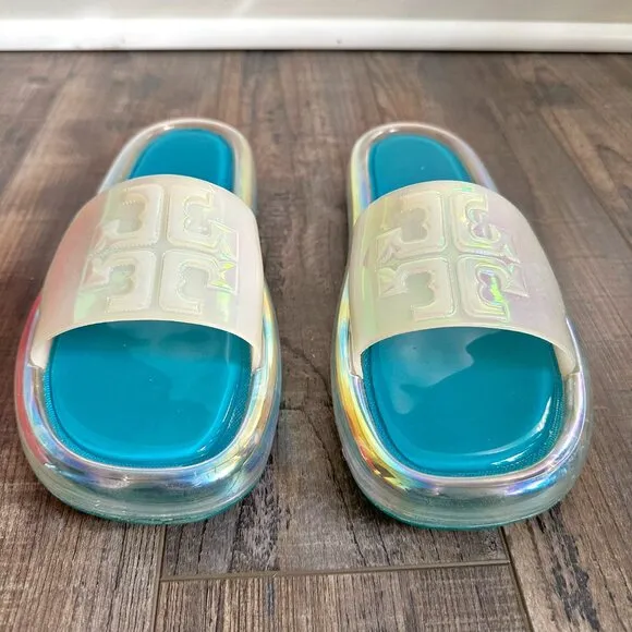 TORY BURCH Bubble Jelly Sandals Slides Size 9 Iridescent Tuscan Sea w/ Box