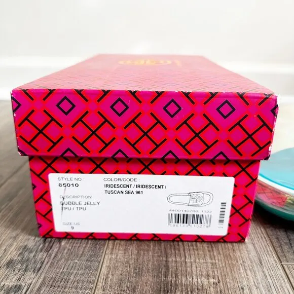 TORY BURCH Bubble Jelly Sandals Slides Size 9 Iridescent Tuscan Sea w/ Box