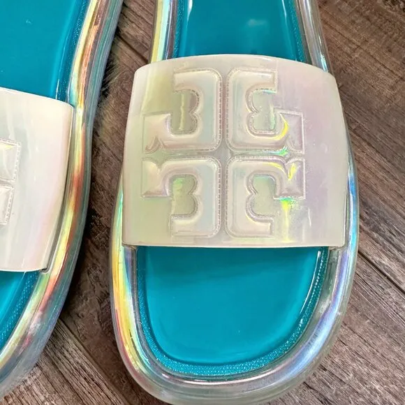 TORY BURCH Bubble Jelly Sandals Slides Size 9 Iridescent Tuscan Sea w/ Box