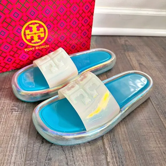 TORY BURCH Bubble Jelly Sandals Slides Size 9 Iridescent Tuscan Sea w/ Box