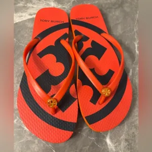 Tory Burch orange and navy sandals sz 9