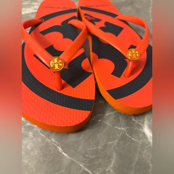 Tory Burch orange and navy sandals sz 9