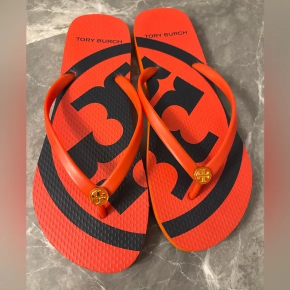 Tory Burch orange and navy sandals sz 9