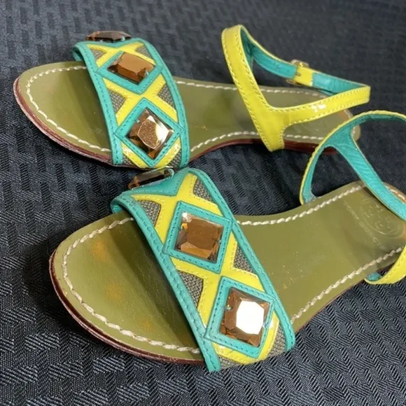 Tory Burch Women’s Green Neon Rhinestone Embellished Sling Back Sandals Size 6M