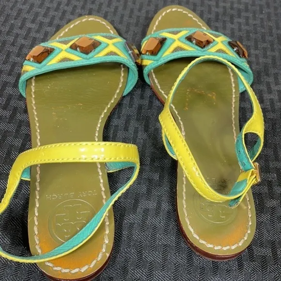 Tory Burch Women’s Green Neon Rhinestone Embellished Sling Back Sandals Size 6M
