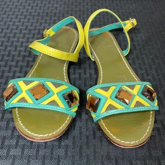Tory Burch Women’s Green Neon Rhinestone Embellished Sling Back Sandals Size 6M