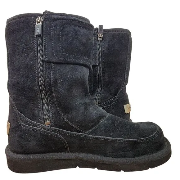 UGG Boots Womens 6 Kent Black Shearling Suede Sheepskin Casual Zip Button 5947