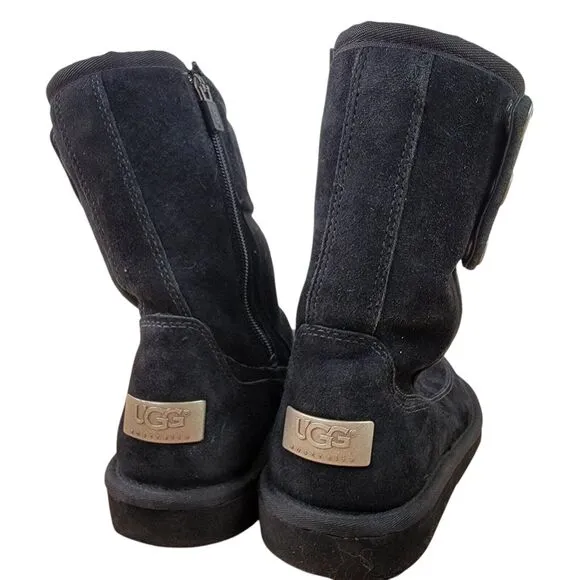 UGG Boots Womens 6 Kent Black Shearling Suede Sheepskin Casual Zip Button 5947