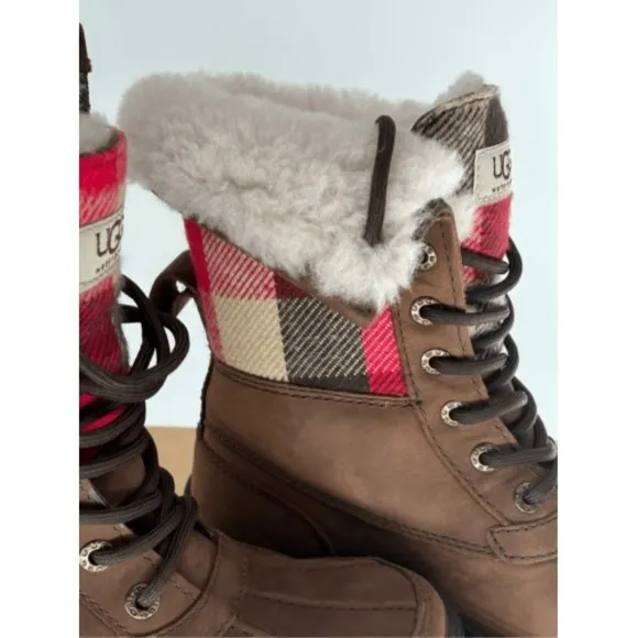 UGG Snow Boots Adirondack Buffalo Plaid Faux‎ Fur Waterproof  Brown Women 5 New