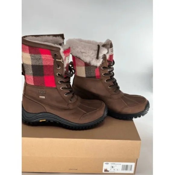 UGG Snow Boots Adirondack Buffalo Plaid Faux‎ Fur Waterproof  Brown Women 5 New