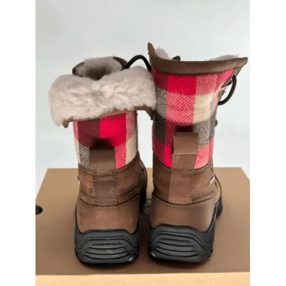 UGG Snow Boots Adirondack Buffalo Plaid Faux‎ Fur Waterproof  Brown Women 5 New