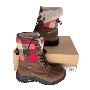 UGG Snow Boots Adirondack Buffalo Plaid Faux‎ Fur Waterproof  Brown Women 5 New