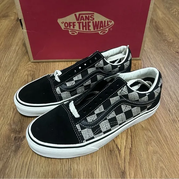VANS Old Skool 'Stitch Checkerboard' black suede lace up shoes sneakers sz8 new