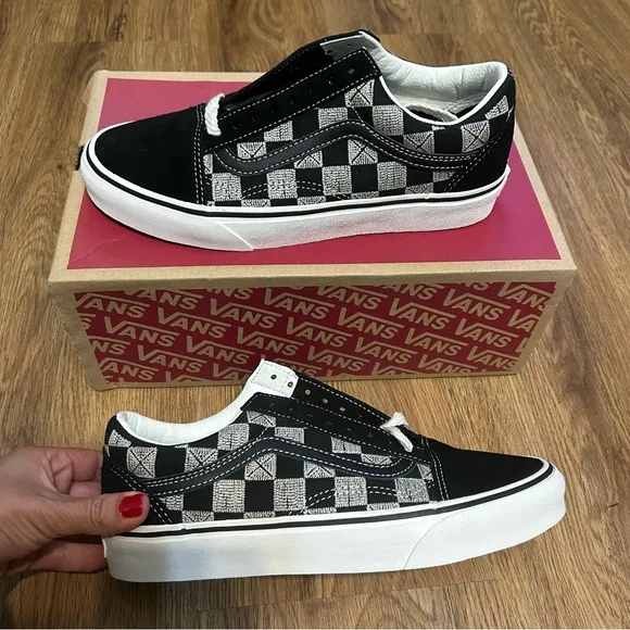 VANS Old Skool 'Stitch Checkerboard' black suede lace up shoes sneakers sz8 new