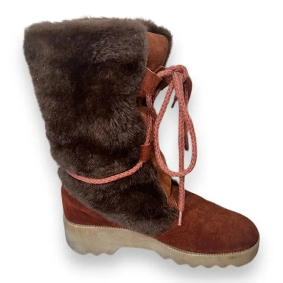 Vintage 70-80s Lace-up Suede / Faux Fur Winter Snow Boots Women's 6