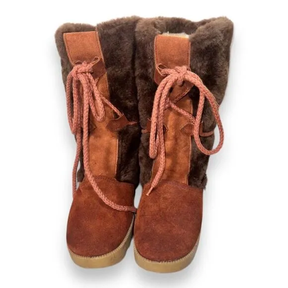 Vintage 70-80s Lace-up Suede / Faux Fur Winter Snow Boots Women's 6