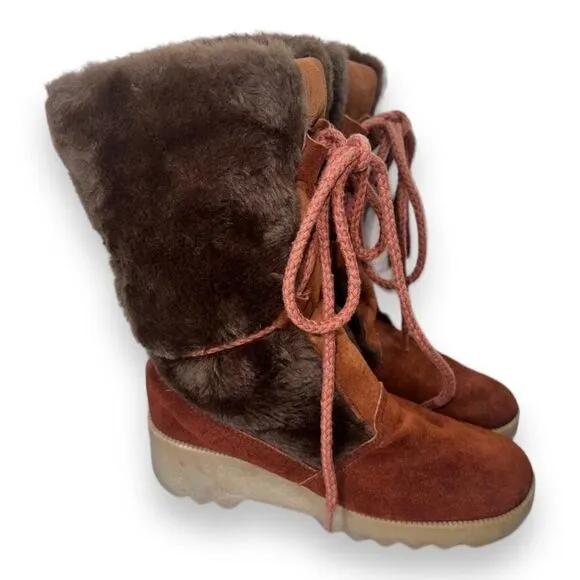 Vintage 70-80s Lace-up Suede / Faux Fur Winter Snow Boots Women's 6