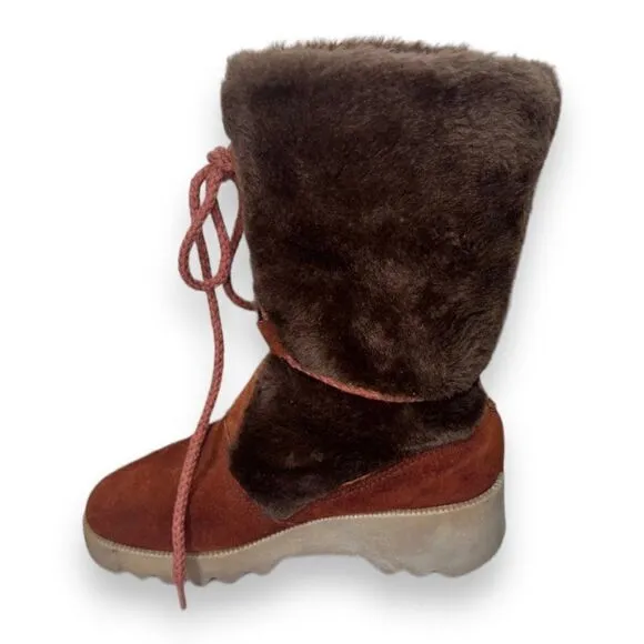 Vintage 70-80s Lace-up Suede / Faux Fur Winter Snow Boots Women's 6