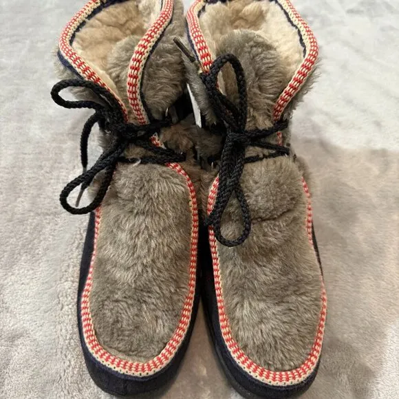 Vintage Yodelers 70's Snow Boots Lace Up Ankle Height Fur Sherpa Made in USA 8