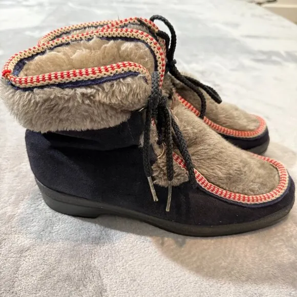 Vintage Yodelers 70's Snow Boots Lace Up Ankle Height Fur Sherpa Made in USA 8