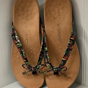 Vionic Bella 11 Toe Post Sandal in Black Multi Patent Size 9.5 N