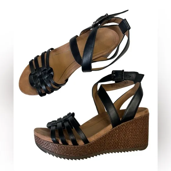Vionic Clarisa Raffia Wedge Sandals Concealed Ortho Size 8 Black Leather