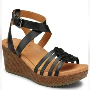 Vionic Clarisa Raffia Wedge Sandals Concealed Ortho Size 8 Black Leather