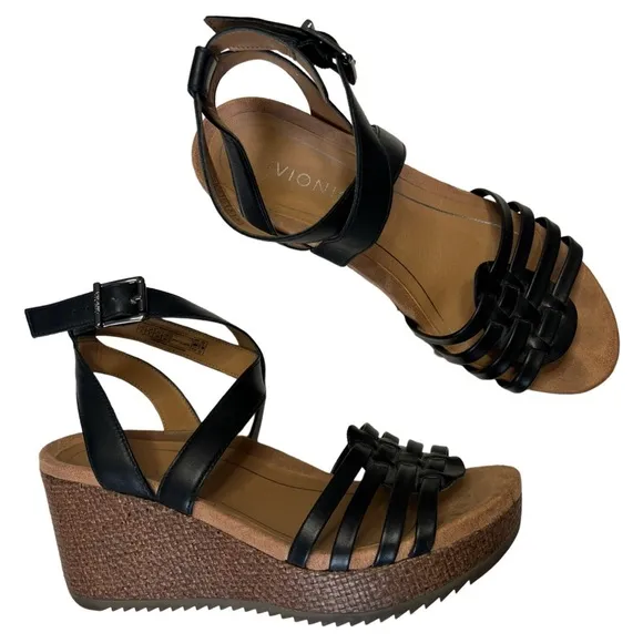 Vionic Clarisa Raffia Wedge Sandals Concealed Ortho Size 8 Black Leather