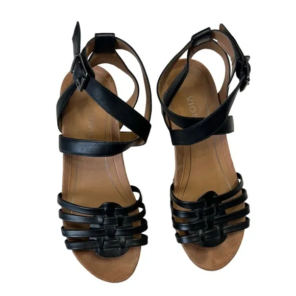 Vionic Clarisa Raffia Wedge Sandals Concealed Ortho Size 8 Black Leather