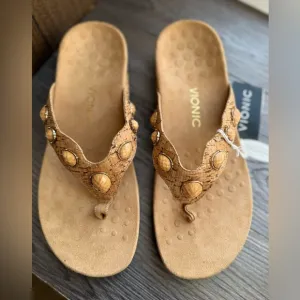 Vionic Eve ll Jeweled Cork Sandals Orthotic Comfort Thong Flip Flops Tan Size 10