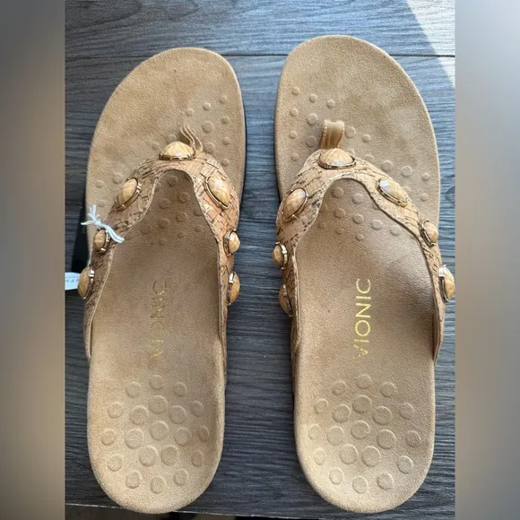 Vionic Eve ll Jeweled Cork Sandals Orthotic Comfort Thong Flip Flops Tan Size 10