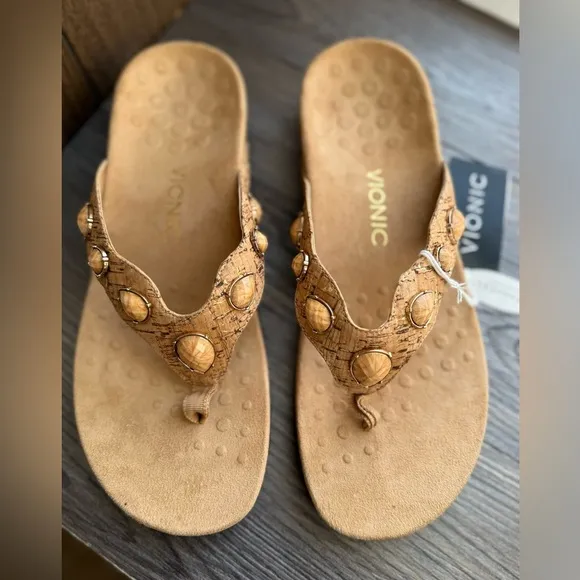 Vionic Eve ll Jeweled Cork Sandals Orthotic Comfort Thong Flip Flops Tan Size 10