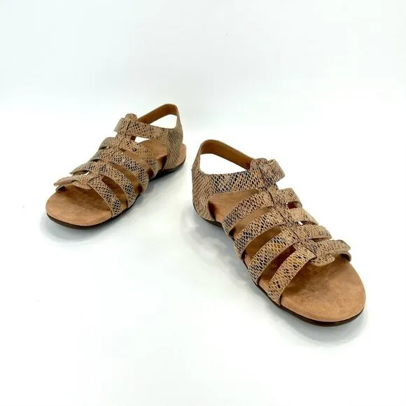 VIONIC “HARISSA” TAN SNAKE PRINT LEATHER VELCRO ADJUSTABLE STRAPPY SANDAL