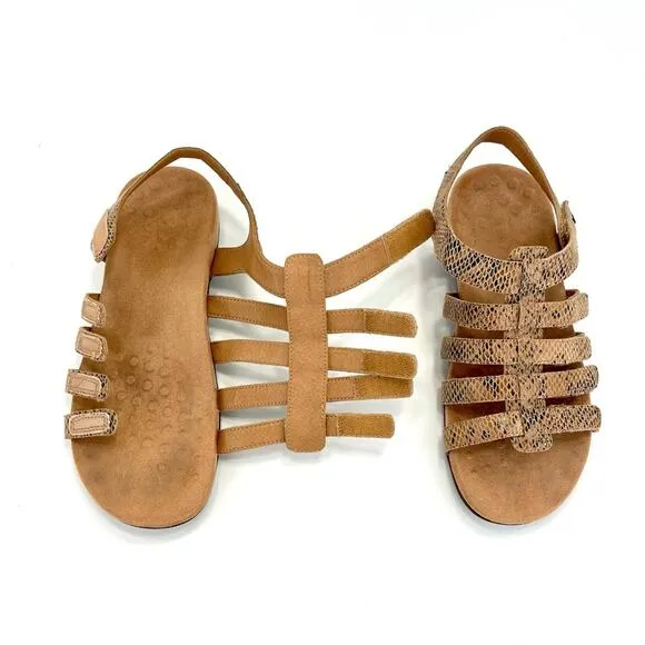 VIONIC “HARISSA” TAN SNAKE PRINT LEATHER VELCRO ADJUSTABLE STRAPPY SANDAL