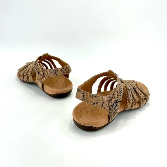 VIONIC “HARISSA” TAN SNAKE PRINT LEATHER VELCRO ADJUSTABLE STRAPPY SANDAL