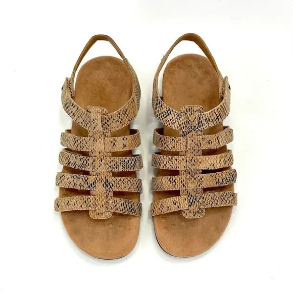 VIONIC “HARISSA” TAN SNAKE PRINT LEATHER VELCRO ADJUSTABLE STRAPPY SANDAL