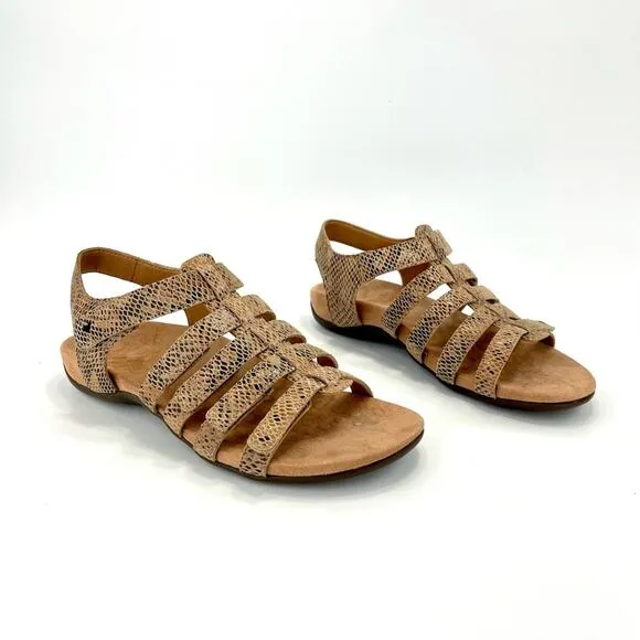 VIONIC “HARISSA” TAN SNAKE PRINT LEATHER VELCRO ADJUSTABLE STRAPPY SANDAL