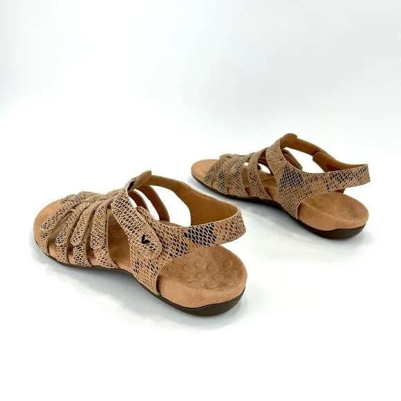 VIONIC “HARISSA” TAN SNAKE PRINT LEATHER VELCRO ADJUSTABLE STRAPPY SANDAL