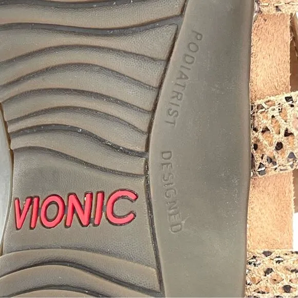 VIONIC “HARISSA” TAN SNAKE PRINT LEATHER VELCRO ADJUSTABLE STRAPPY SANDAL