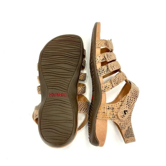 VIONIC “HARISSA” TAN SNAKE PRINT LEATHER VELCRO ADJUSTABLE STRAPPY SANDAL