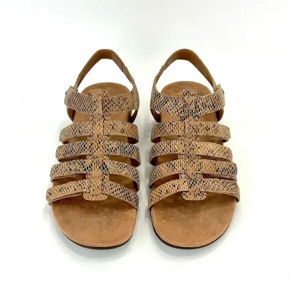 VIONIC “HARISSA” TAN SNAKE PRINT LEATHER VELCRO ADJUSTABLE STRAPPY SANDAL