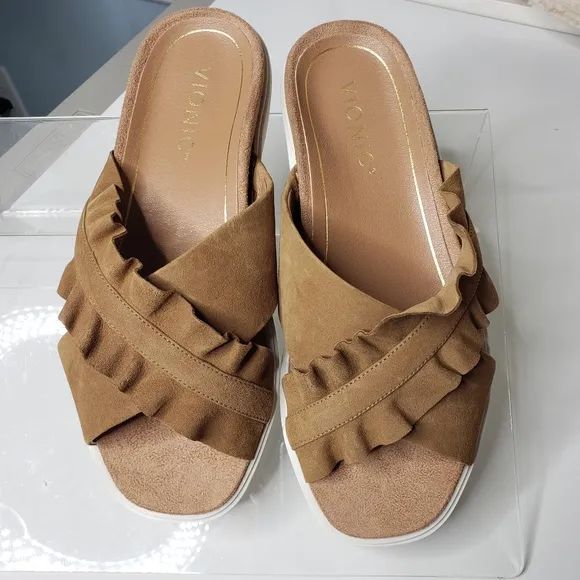Vionic Lelia Azalea Suede Ruffle Slide Orthopedic Support Comfort Sandal 6.5 NIB