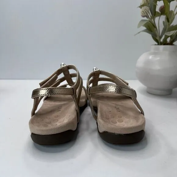 Vionic Mikah Adjustable T-Strap Orthotic Pearl Sandals Gold Women 6.5 Tried On