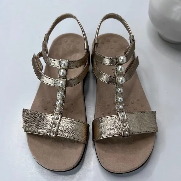 Vionic Mikah Adjustable T-Strap Orthotic Pearl Sandals Gold Women 6.5 Tried On