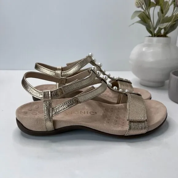 Vionic Mikah Adjustable T-Strap Orthotic Pearl Sandals Gold Women 6.5 Tried On
