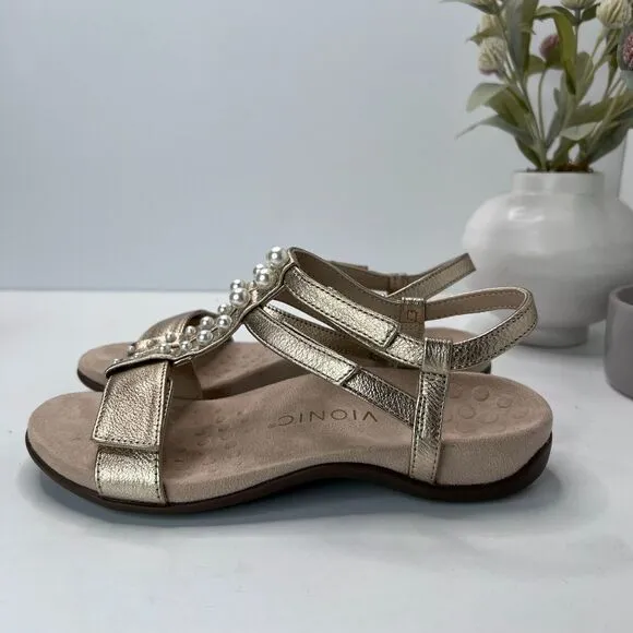 Vionic Mikah Adjustable T-Strap Orthotic Pearl Sandals Gold Women 6.5 Tried On